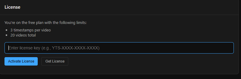 Licence activation form in options page