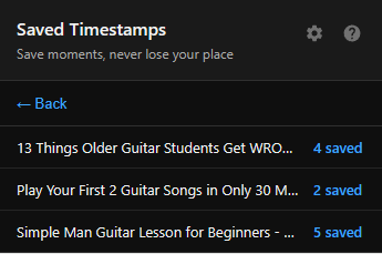 Options page showing all saved videos