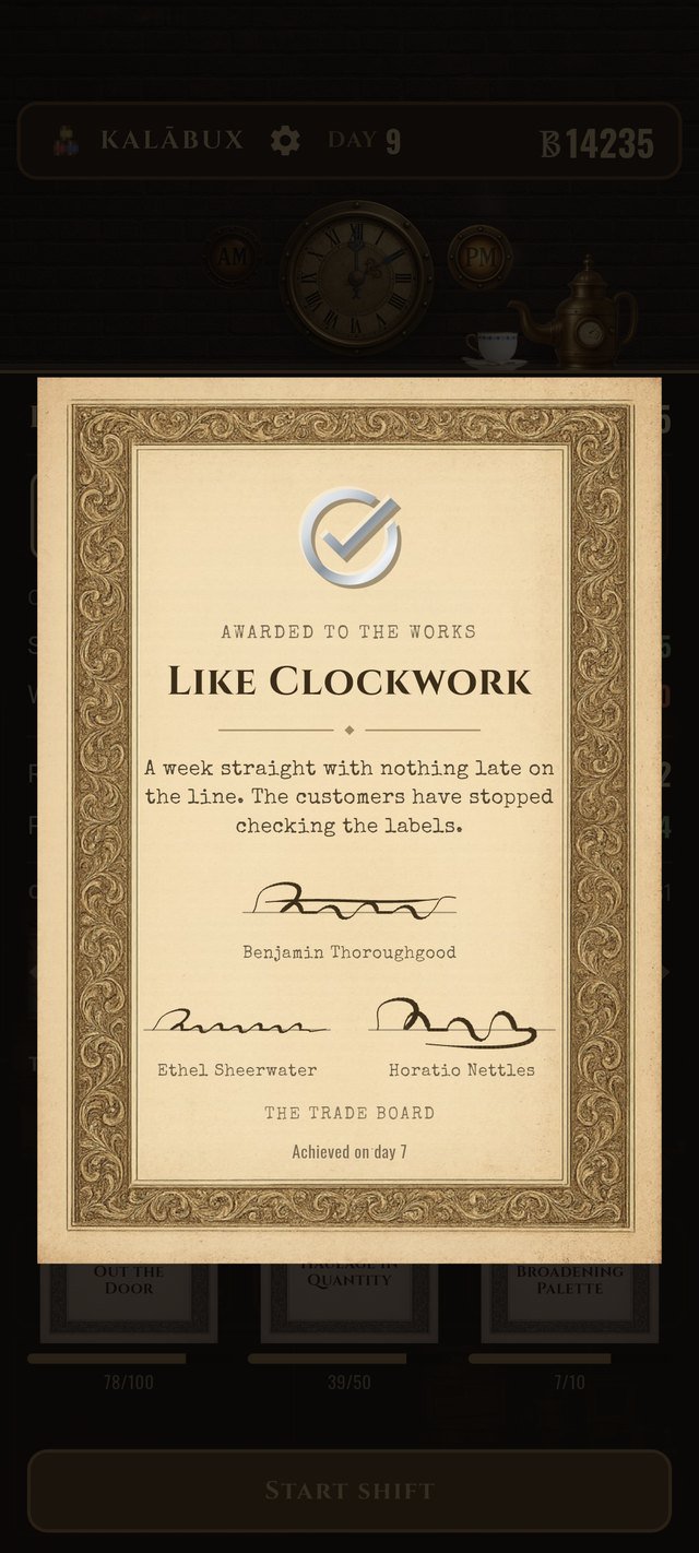 A framed Trade Board commendation certificate reading 'Like Clockwork — a week straight with nothing late on the line', signed by three committee members