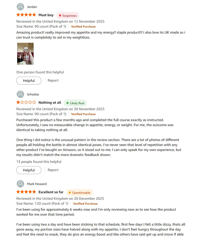 Review indicators on Amazon page