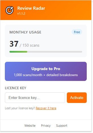 Licence activation in popup