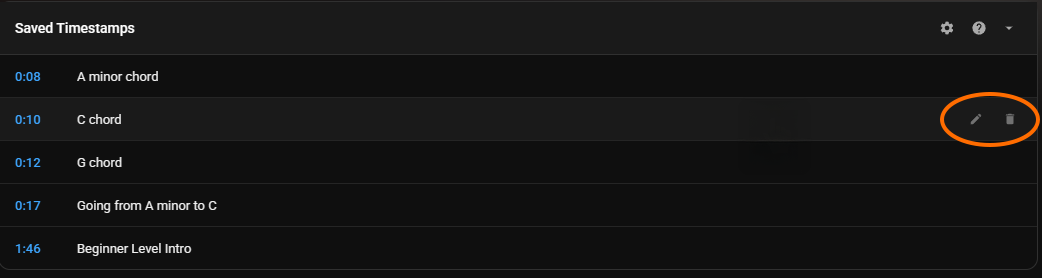 Timestamp row with edit and delete buttons visible on hover