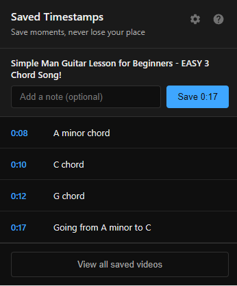 Extension popup showing list of timestamps